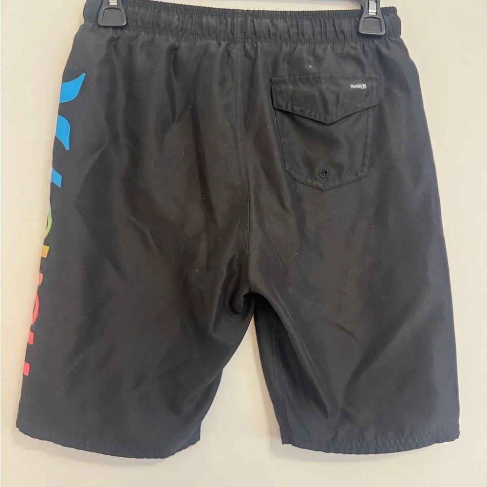 Hurley Black Swim Trunks with Blue, Green & Pink Logo